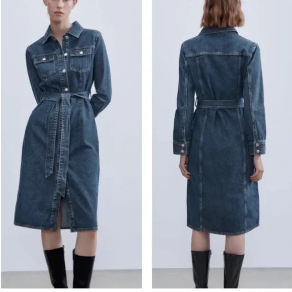Zara Classic Denim Shirt belted Dress -  Sz Medium - NWT - Picture 9 of 17